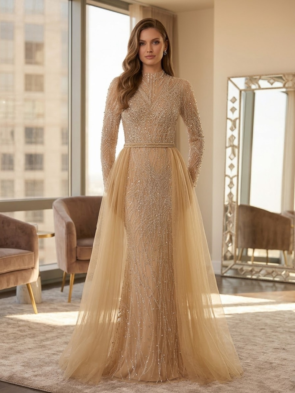 Elegant Beaded Long-Sleeve Evening Gown in Gold